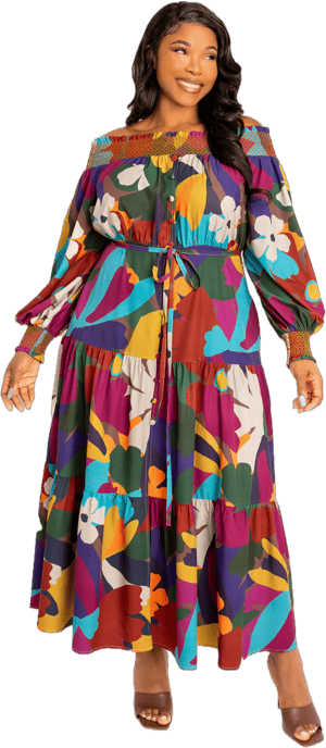 Buxom Couture Women's Floral Off-the-Shoulder Smocked Maxi Dress