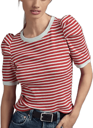 Puff-Sleeve Striped Top by Maeve in Red, Size: Large at Anthropologie