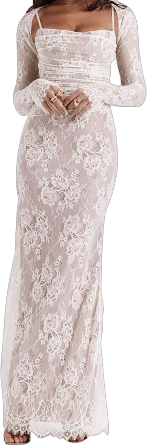 Women Vintage Cream Lace Maxi Dress Romantic Long Sleevees Lace Bodycon Dress