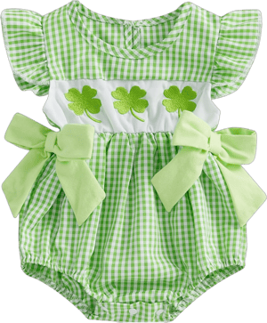 FIOMVA St Patricks Day Baby Girl Outfit Infant Smocked Bubble Romper Newborn Plaid Bodysuit Cute Toddler Summer Clothes A Embroidery Clover Green 3-6 Months