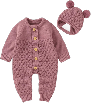 LAWKUL Baby Outfit Cotton Knit Newborn Infant Romper Knitted Longsleeve Sweater Clothes With Warm Hat Set Toddler Boy Girl Pink Romper 3-6 Months