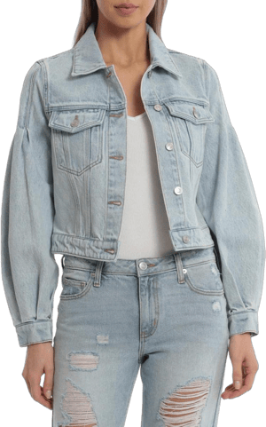 Avec Les Filles Women's Cropped Balloon Sleeve Denim Trucker Jacket X-Large Light Wash Indigo