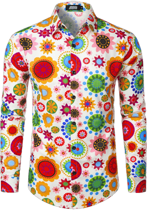 JOGAL Men's 70s Floral Long Sleeve Button Down Dress Shirt