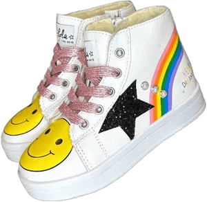 Lola + The Boys Rainbow Smiley Hi-Top Sneaker Size 9C – Girls White Leather Hi-Top Sneaker, Smiley Face and Rainbow Design