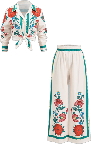 Micas Floral Print Long Sleeve Shirt and Wide Leg Trousers Set