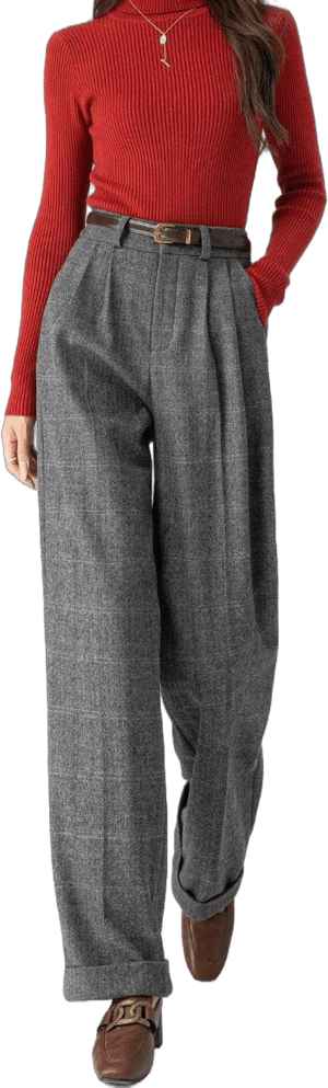 Women's High-Waisted Wide-Leg Plaid Wool Trousers