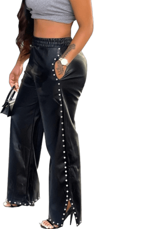 LifeShe Women's Wide Leg Faux Leather Pants with Rivets and Pearls