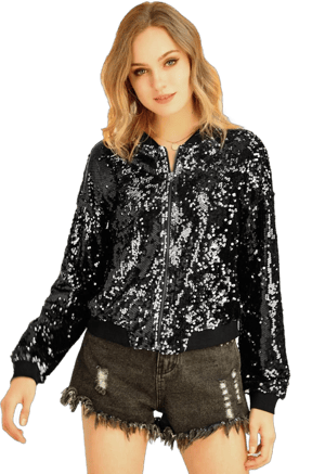 Allegra K Sequin Sparkle Party Long Sleeve Zipper Bomber Jacket