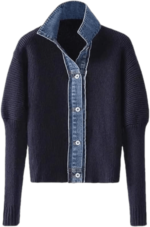 Women's Casual Patchwork Knitted Sweater Cardigan Jacket Lapel Button Vingtage Denim Knit Coat Large Navy