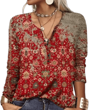 Women's Boho Floral Print Long Sleeve V-Neck Button Front Blouse