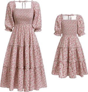 Mommy and Me Matching Floral Printed Ruffled A-Line Long Dresses