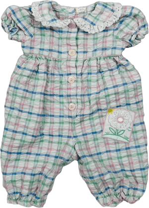 Vintage Baby Romper – Pastel Plaid Toddler Outfit with Floral Embroidery | Retro Baby Clothes Gift| 3-6 Months