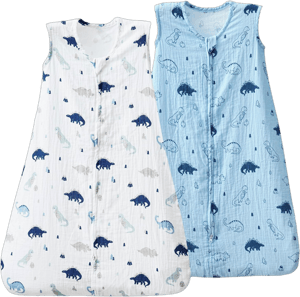 david's kids Muslin Cotton Baby Sleep Sack 6-12 Months, 2 Pack 100% Cotton Sleeping Bag for Summer, TOG 0.5 Baby Wearable Blankets with 2-Way Zipper, Soft Sleep Sacks for Newborn Infant, Dinosaur Dinosaur Medium