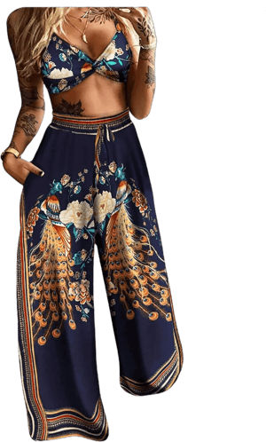 Women's 2 Piece Outfits Summer Floral Print Boho Twist Front Cami Crop Tops and Long Pants Set Large Multicoloured