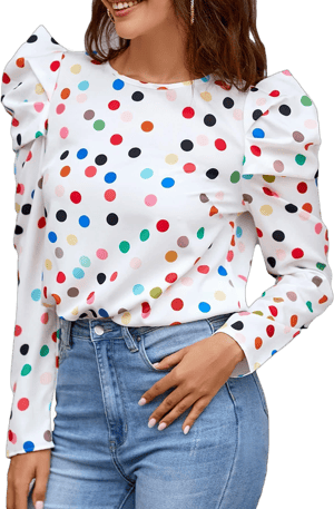 Women's Round Neck Long Sleeve Polka Dot Blouse with Keyhole Back