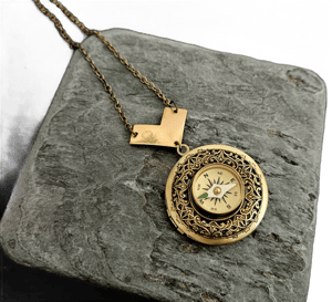 Antique Brass Round Compass Locket Necklace