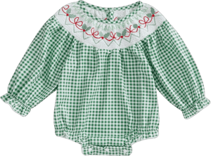 Newborn Baby Girl Smocked Christmas Outfit Plaid Bubble Romper Xmas Tree Embroidery Bodysuit Infant Fall Clothes Green 6-12 Months