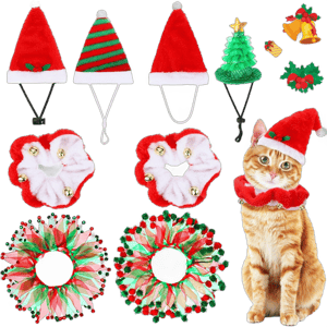 Abbylike 8 Pcs Cat Christmas Costume Suit Tutu Collar and Green Shiny Hat Cat Outfit Santa Cat Hats Christmas Cat Collar with Bell Elf Hat and Bell Collar Kitten Outfit Clothing for Cat Puppy Dog Gift