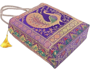 Purple Handbag Indian Ethnic Woven Peacock Zari Brocade Fabric