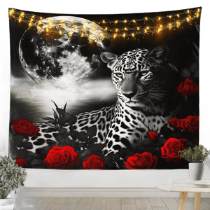 Castle Fairy Black White Leopard Print Tapestry,Wild Cheetah Animals Wall Hanging Art,Red Rose Flower Wall Blanket for Kids Girls Boys Room Decor,Moon Night Seaside Porch Hangings,70.9x92.5 Red Black Leopard X-Large