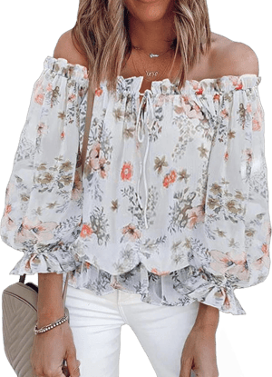 BLENCOT Women's Off Shoulder Ruffle Sleeve Floral Chiffon Shirt