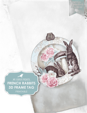 Junk Journal, French, Rabbits, 3D Frame Tag, Kit, Ephemera, Easter, Bunny, Fairy, Pink, Rose, Printable, My Porch Prints, Digital Download