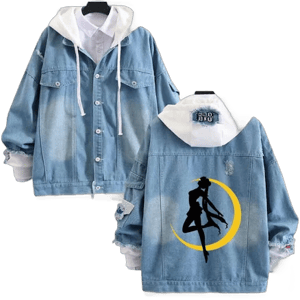Sailor Moon Tsukino Usagi Luna Denim Hooded Jacket Coat Girl Fake Two