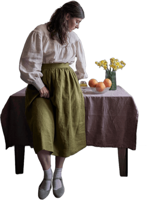 Victorian Gathered Linen Midi Skirt with Pockets