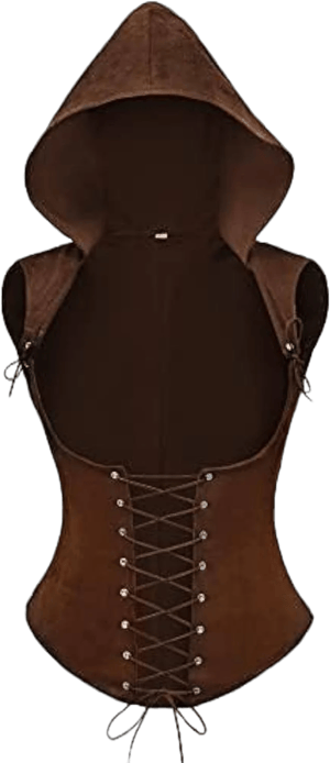 FURPHI Women’s Steampunk Underbust Corset Vest with Hood Faux Leather Sleeveless Medieval Gothic Costume