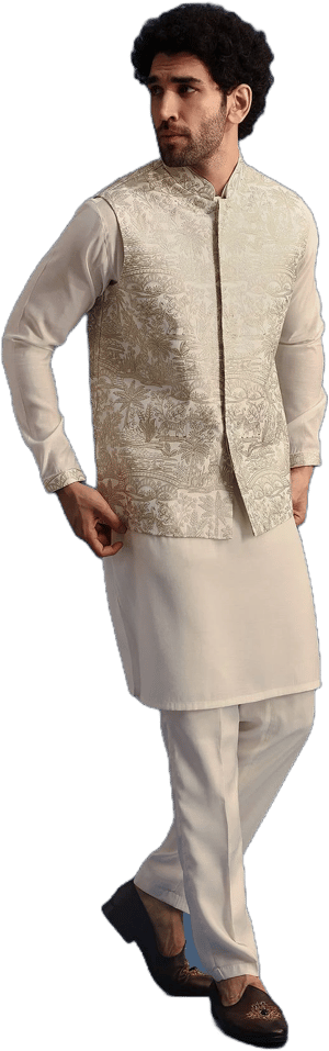 KALKIFashion Ivory Embroidered Silk Kurta Jacket Set for Men