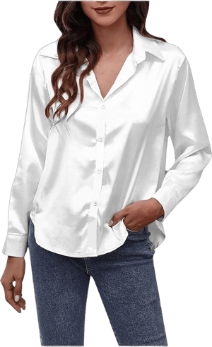 Stain Shirts for Women Trendy Long Sleeve Button Down Blouses Elegant V Neck Super Soft Silk Work Tops with Pockets Small White