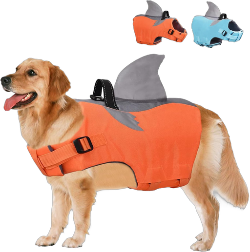 Adjustable Dog Life Jacket Dog Swimming Suit Ripstop Shark Dog Safety Vest Dog Preserver with Durable Rescue Handle for Small,Medium,Large Dogs (L, Orange) Red Large