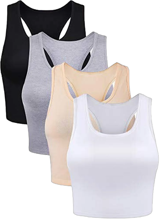 Boao 4 Pieces Basic Crop Tank Tops Sleeveless Racerback Crop Sport Cotton Top for Women (Black, White, Light Grey, Beige, Large)