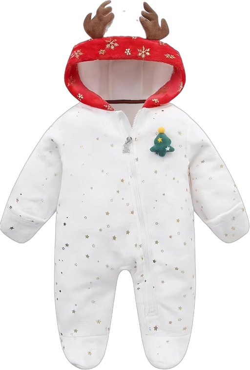 Baby Christmas Long Sleeve Fleece Jumpsuit Warm Hooded Fleece Footed Pajamas Romper Kids One-Piece Santa Xmas White 80(9-12Months)