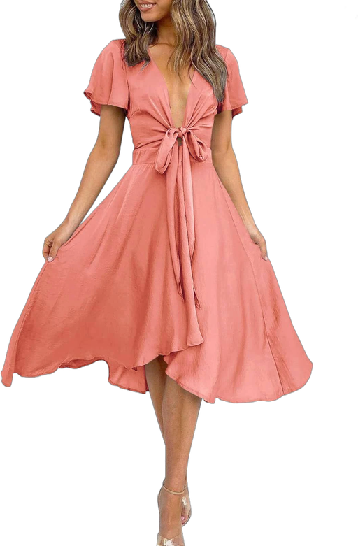 Women's Satin V-Neck Ruffle Short Sleeve Tie Front High Waist Midi A-