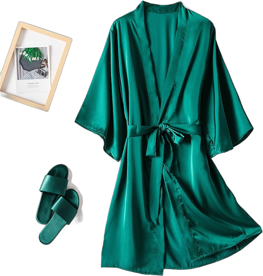 WNEGSTG Women's Silk Robes Bride Bridesmaid Kimono Satin Bathrobe V Neck Sleepwear with 3/4 Sleeve Sleepwear Robe Green 4XL