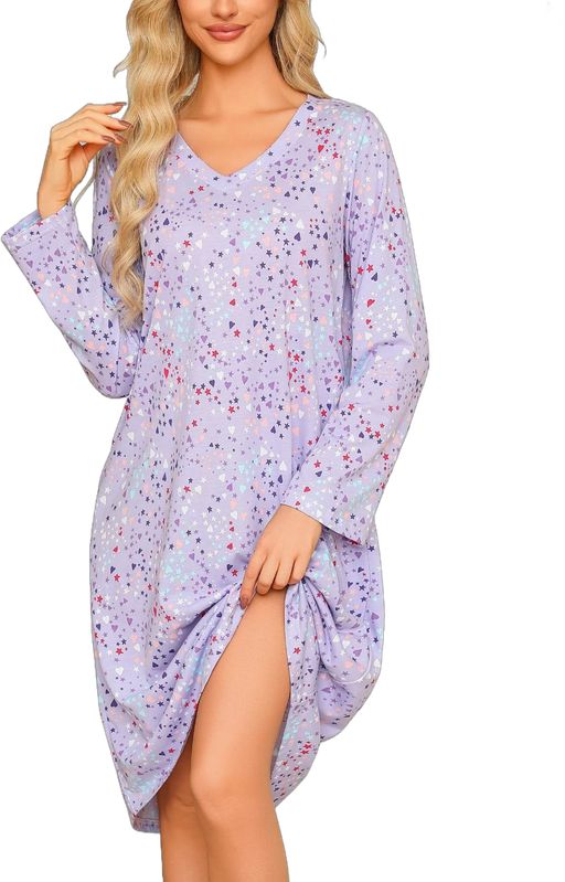 ENJOYNIGHT Women's Cotton Nightgown Long Sleeve V Neck Nightshirt Print Sleep Dress with Pockets