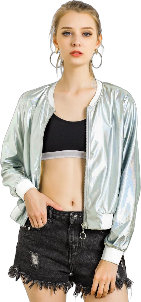 Allegra K Women's Holographic Fashion Stand Collar Metallic Lightweight Zip Bomber Jacket Light Silver Medium