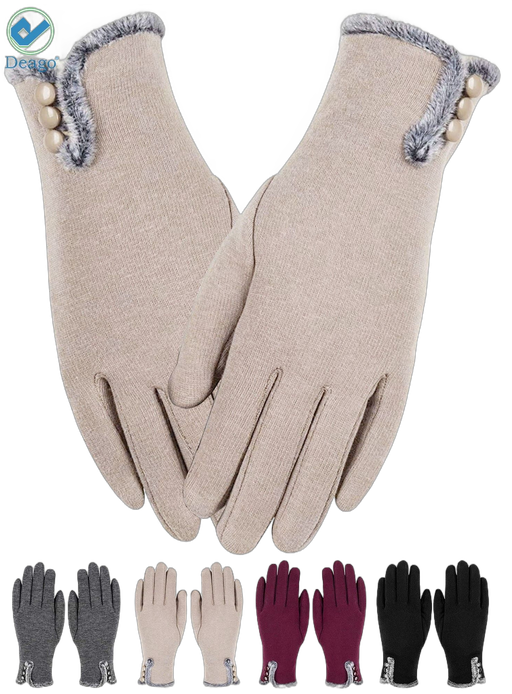 Deago 2 Pairs Women's Winter Warm Touch Screen Gloves Windproof Wool Fleece Lined Touchscreen Texting Mittens for Women (Khaki)