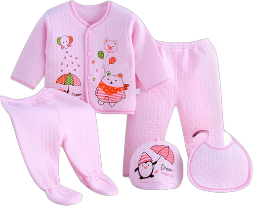 Quealent Baby Boy Girl Clothes Outfits Set 5PCS Unisex Tops+Hat+Pants +Bib+Sock Shose+Romper Comfort Soft Cotton Clothes Gifts Pink