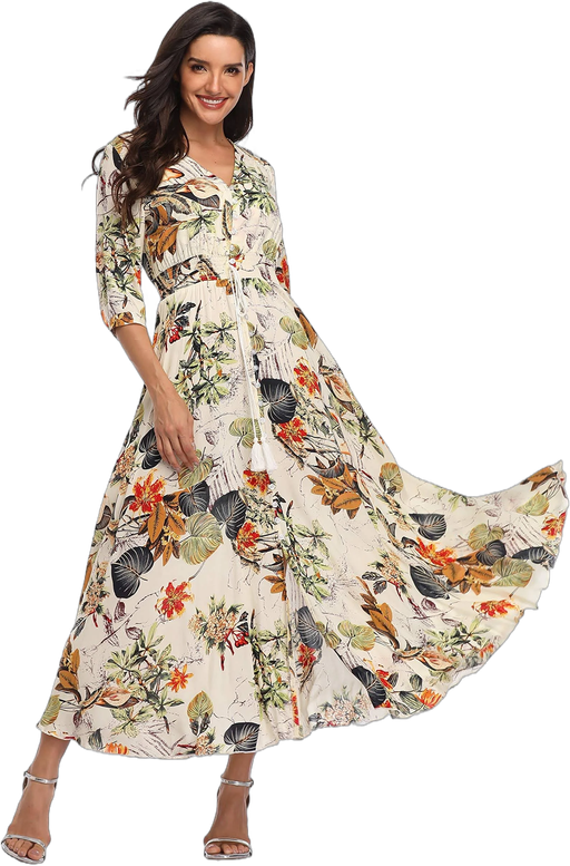 Women's Bohemian Floral Print Split Long Flowy Maxi Dress