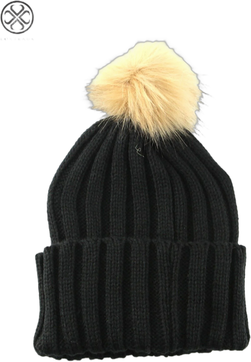 Luxtrada Soft Women Girls Kids Bady Braided Pom Pom Knit Fur Hat Beanie Hat Knit Ski Ball Cap Crochet Winter Warm Hat Stretch Cable Ski Cap (Black,Adult)